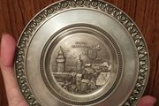 Vintage collectible pewter hanging plate, Germany, handmade Gegossen Rein-Zinn 95