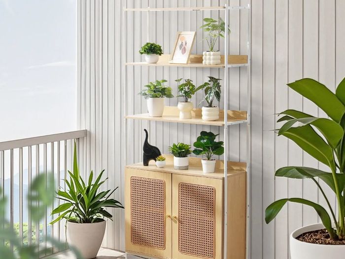 Rattan Bookshelf, Ladder Shelf with 2 Doors, Rectangle Freestanding Open Storage Bookcase