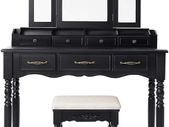 Dressing Table with 7 Drawers, Dressing Table with Padded Stool, 3-Piece Folding Mirror with Chain Hook, 4 Open Compartments, 2 Narrow Compartments for Brushes, Wooden Legs, Black