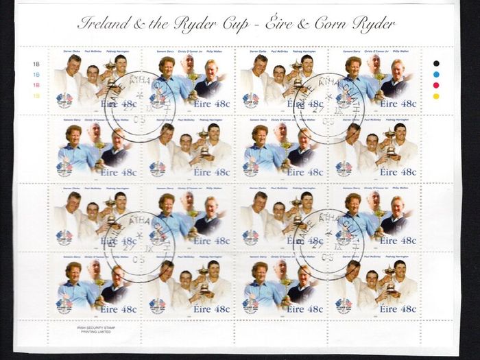 2005 Ireland Ryder Cup Commemorative Stamp Sheetlet Plate 1B1B1B1B Fine CDS Used with Dublin cancel of 27th September 2005 (First day of issue) on envelope extract.