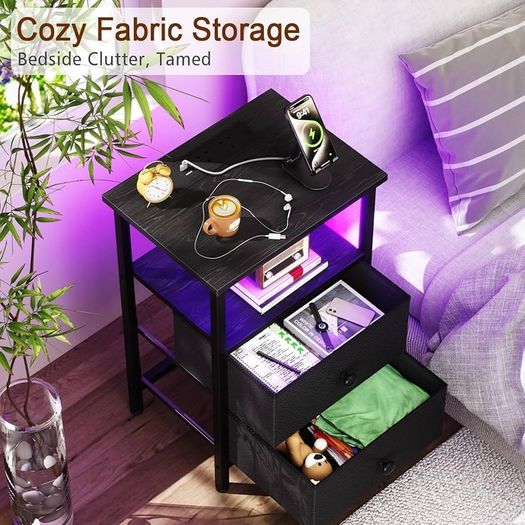 Bedside Table with LED Light, Small Side Table with Charging Station, Nightstand with 2 Fabric Drawers and Open Storage Shelf, Bedside Cabinet for Living Room, Bedroom, Black