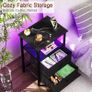 Bedside Table with LED Light, Small Side Table with Charging Station, Nightstand with 2 Fabric Drawers and Open Storage Shelf, Bedside Cabinet for Living Room, Bedroom, Black Image 4