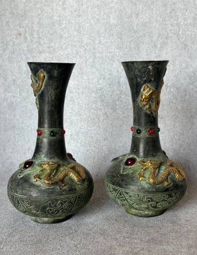 Two Chinese Dragon Vases  - Patinated Bronze, Signed