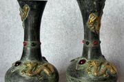 Two Chinese Dragon Vases  - Patinated Bronze, Signed