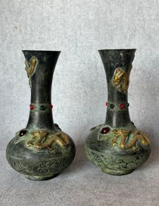 Two Chinese Dragon Vases  - Patinated Bronze, Signed