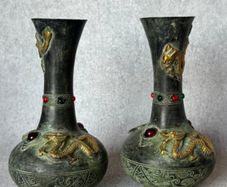 Two Chinese Dragon Vases  - Patinated Bronze, Signed