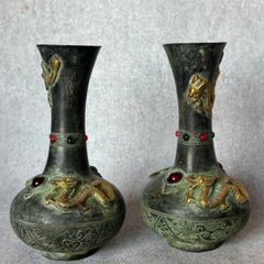 Two Chinese Dragon Vases  - Patinated Bronze, Signed