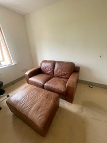 Brown Leather Couch and Poof