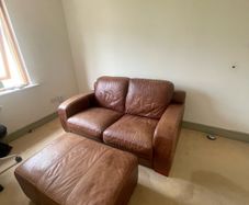 Brown Leather Couch and Poof