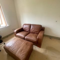 Brown Leather Couch and Poof