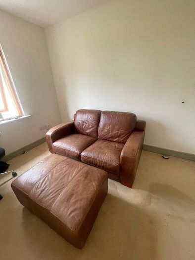 Brown Leather Couch and Poof