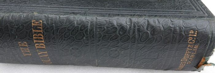 Vintage spine of a Catholic Douay Bible published by James Duffy & Co. Ltd. in Dublin.