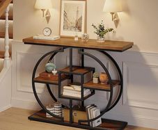 Narrow Console Table for Hallway 4-Tier Rustic Sofa Table with Circle Metal Base Industrial Wooden Entryway Table with Storage Shelves for Living Room Foyer