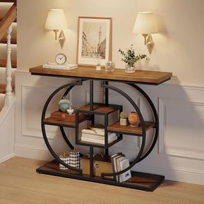 Narrow Console Table for Hallway 4-Tier Rustic Sofa Table with Circle Metal Base Industrial Wooden Entryway Table with Storage Shelves for Living Room Foyer