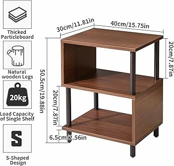 3 Tier Side End Table, Wooden Bedside Table, Modern Sofa Side End Table for Living Room/Bedroom/Small Space, Brown+Black Legs,