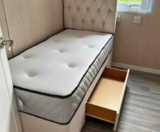 Brand New Stylish single Divan Beds.. Multiple Options Of Headboards. Tufted Memory Foam Mattresses Available. Drawers Storage Available