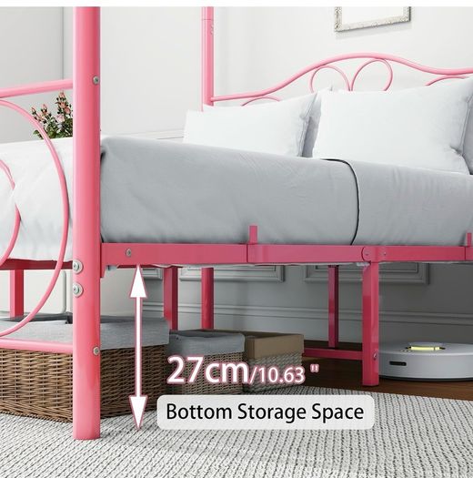 Double Canopy Bed Frame with Vintage Headboard & Footboard, Pink 135x190cm Double Canopy Bed Frame, 4ft6 Heavy Duty Metal Bed, Heart Scroll Headboard & Footboard, Steel Slats for Bedrooms