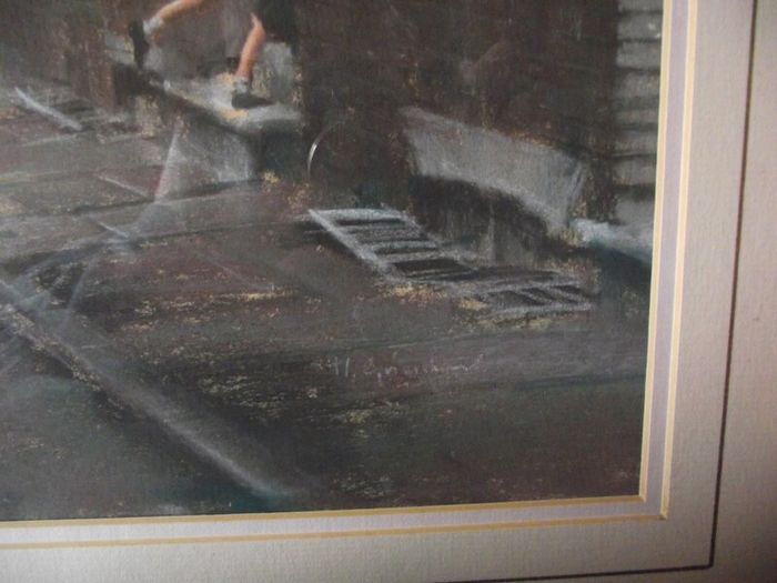 Marc Grimshaw - Original Pastel of - Children In A Rainy Street - Signed