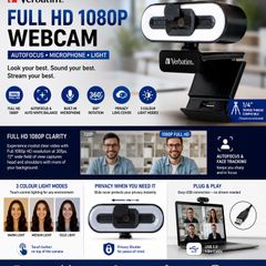 VERBATIM Full HD 1080P Autofocus Webcam with Microphone & LED Light - Professional Streaming & Video Call Camera