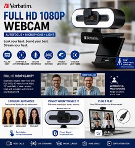 VERBATIM Full HD 1080P Autofocus Webcam with Microphone & LED Light - Professional Streaming & Video Call Camera