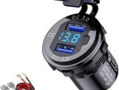 Car Charger Socket QC3.0 USB Mini Size Dual Port Quick Charge 9V - 32V 36W LED Digital Voltmeter with Switch for Marine, Boat, Motorcycle, Truck, Golf Cart (Black)