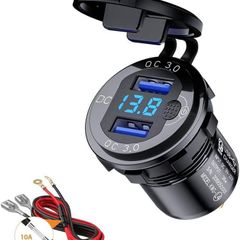 Car Charger Socket QC3.0 USB Mini Size Dual Port Quick Charge 9V - 32V 36W LED Digital Voltmeter with Switch for Marine, Boat, Motorcycle, Truck, Golf Cart (Black)