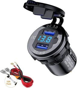 Car Charger Socket QC3.0 USB Mini Size Dual Port Quick Charge 9V - 32V 36W LED Digital Voltmeter with Switch for Marine, Boat, Motorcycle, Truck, Golf Cart (Black)