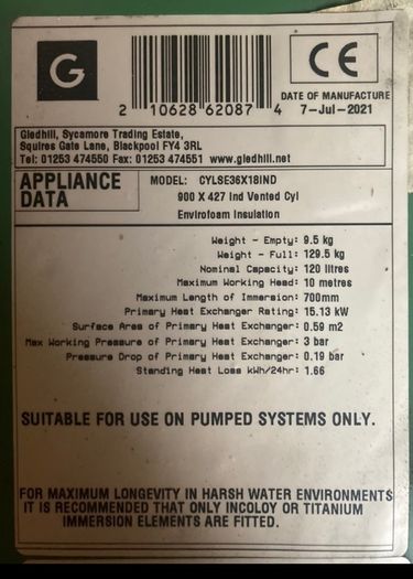 PRICE DROP NEW 117L Cylinder & 27" immersion heater