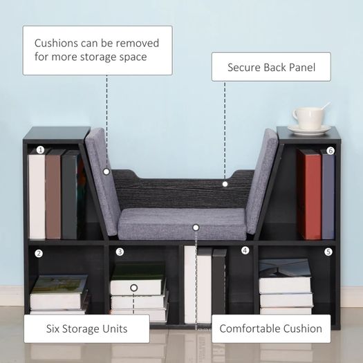 6 Cube Bookcase with Cushioned Seat, Cube Storage Shelf, Bookshelf Organizer for Study, Reading Corner, Black