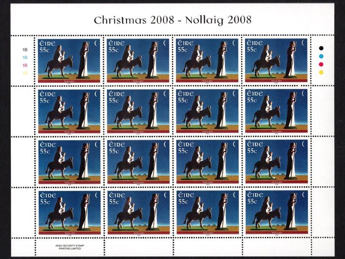 2008 Ireland Christmas Commemorative Stamps Sheetlet Plate 1B1B1B1B Mint Never Hinged (MNH)