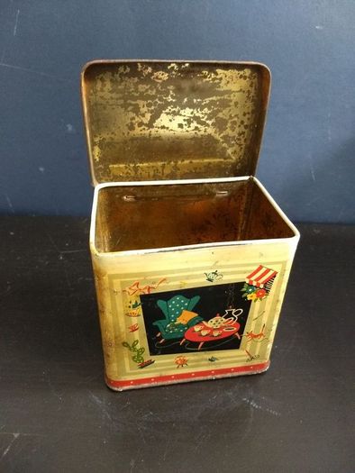 Funky Atomic Mid-Century Modern 1950's Small Tin Tea Caddy, with a Funky and Rare Graphic Design - MCM/50s Display! Props for Stage and Screen!