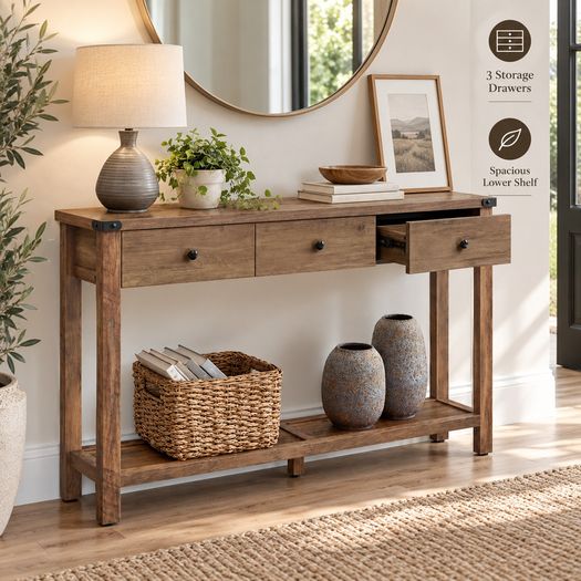 Console Table with 3 Drawers and Lower Storage Shelf Honey Brown 120cm