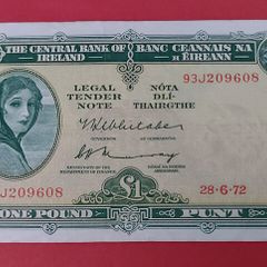 Irish 1972 Lady Lavery One pound banknote in almost uncirculated condition