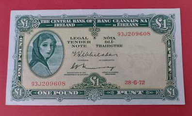 Irish 1972 Lady Lavery One pound banknote in almost uncirculated condition