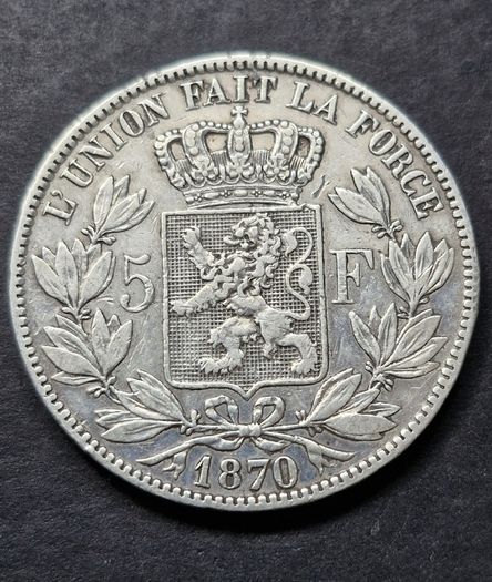 1870 Belgium 5 Francs - Leopold II small head Silver coin
