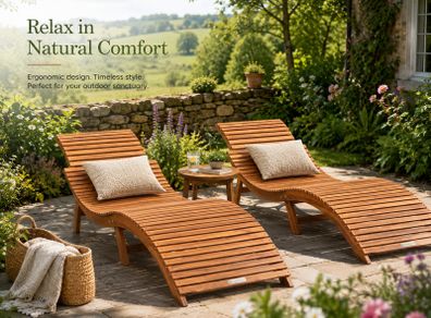 Set of 2 Foldable Wooden Sun Loungers FSC Acacia Garden Reclining Chairs with Ergonomic Design