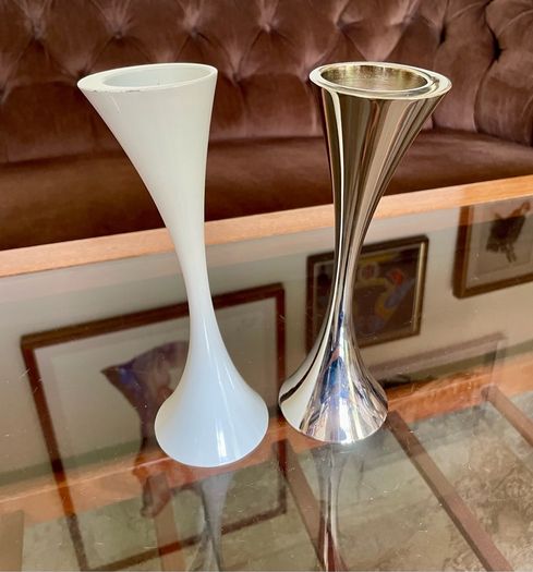 Vintage 20th Century Heavy Asymmetrical Stainless Steel and White Enamel Pair Of Candle Holders