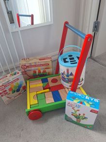 Wooden Toy Bundle: Blocks, Shape Sorter, Stacking Toys & Walker
