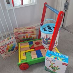 Wooden Toy Bundle: Blocks, Shape Sorter, Stacking Toys & Walker