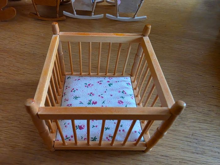 Dolls house furniture for nursery, cradles, highchairs and more