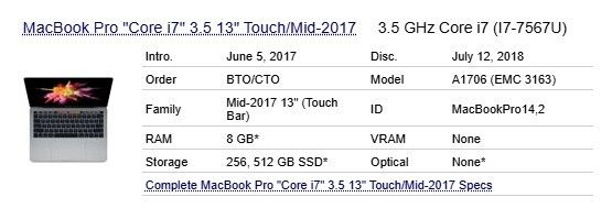 MacBook Pro 13" 2017 A1706 Four Thunderbolt 3 Ports 3.5 GHz Core i7 16GB RAM 512 GB SSD (Battery Cycle: 308)