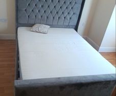 As New - Magnificent Very Solid Grey Suede Fabric King Size Bed Frame