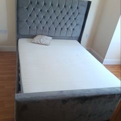 As New - Magnificent Very Solid Grey Suede Fabric King Size Bed Frame