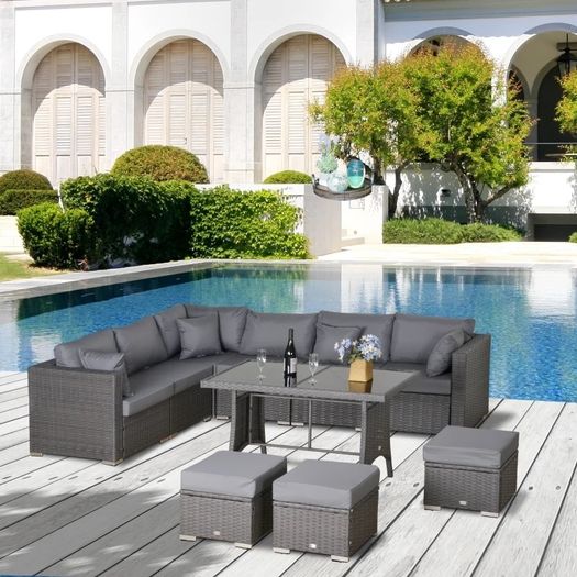 MASSIVE SUMMER SALE 10PCs Garden Rattan Corner Dining Sofa Set 9-Seater Patio Furniture Set Glass Table Stools w/ Cushions & Pillow