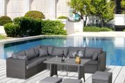 MASSIVE SUMMER SALE 10PCs Garden Rattan Corner Dining Sofa Set 9-Seater Patio Furniture Set Glass Table Stools w/ Cushions &amp; Pillow