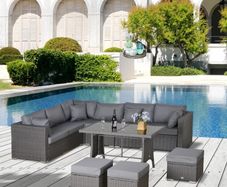 MASSIVE SUMMER SALE 10PCs Garden Rattan Corner Dining Sofa Set 9-Seater Patio Furniture Set Glass Table Stools w/ Cushions & Pillow