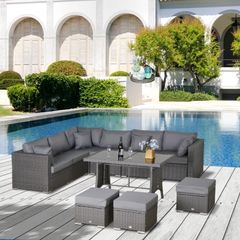 MASSIVE SUMMER SALE 10PCs Garden Rattan Corner Dining Sofa Set 9-Seater Patio Furniture Set Glass Table Stools w/ Cushions & Pillow