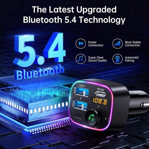 Bluetooth 5.4 FM Transmitter Car Adapter 48W (PD 36W & 12W) [Light Switch] [HiFi Bass Sound] [Fast Charging] Wireless Radio Music Adapter LED Display Hands-Free Calling Support USB Drive