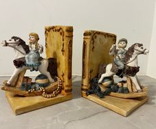 Vintage 1990s Rocking Horse Bookends Pair - Pastel Nursery Decor - Resin Ceramic Figurines - Shabby Chic Storybook Style