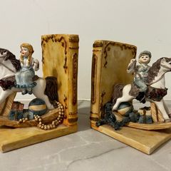 Vintage 1990s Rocking Horse Bookends Pair - Pastel Nursery Decor - Resin Ceramic Figurines - Shabby Chic Storybook Style